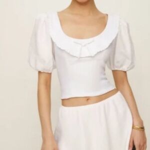 Reformation Greta Linen Top in White Puff Short Sleeves Ruffle Size 2